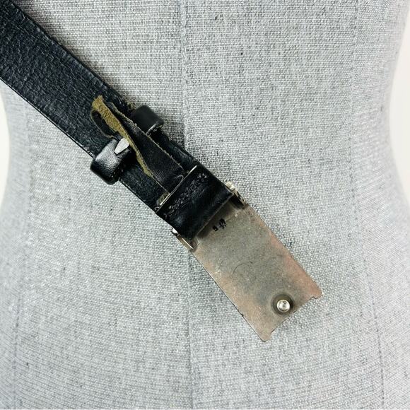 Vintage Black Leather Belt with‎ Silver Scrollwork Buckle Size Small